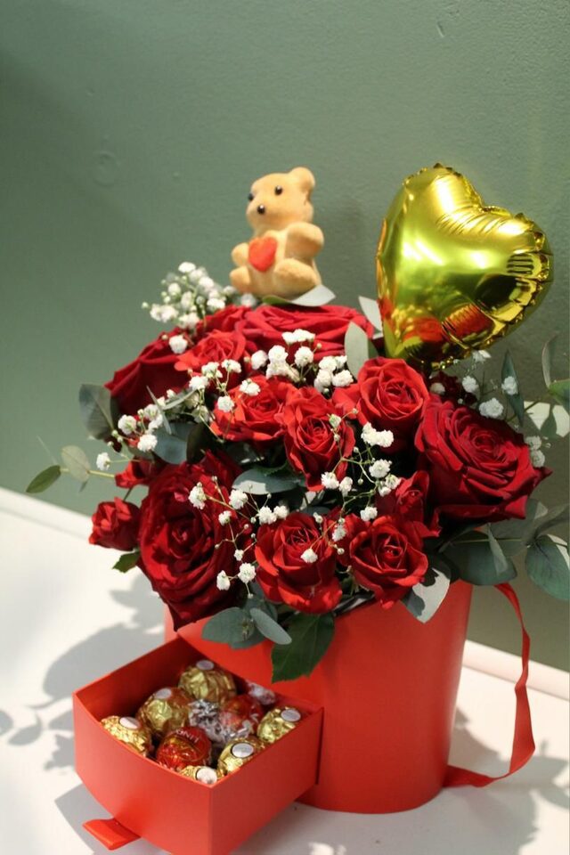 Luxury Red Rose Gift Box with teddy chocolates and heart balloon by Pat’s Petals