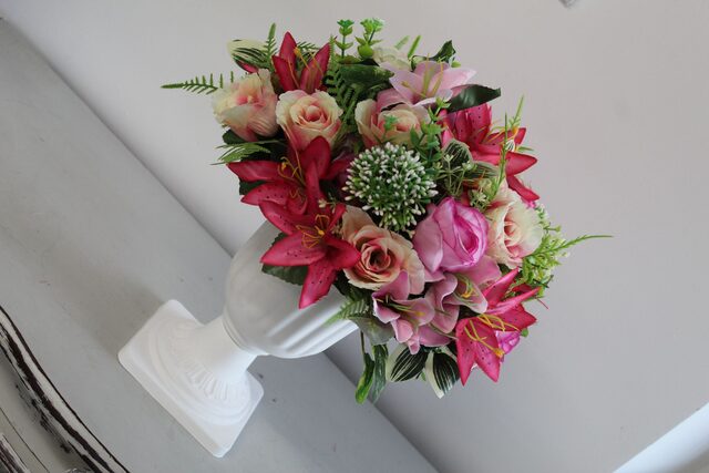 Rose Garden Urn Arrangement artificial flowers in white urn vase by Pat’s Petals