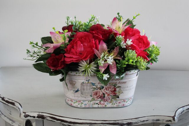 Rose Meadow Oval Arrangement artificial flowers in decorative planter by Pat’s Petals