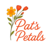 Pat’s Petals logo with three stylised flowers and orange script text.