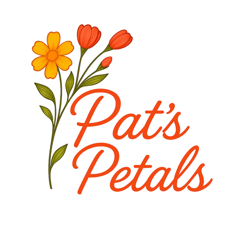 Pat’s Petals logo with three stylised flowers and orange script text.